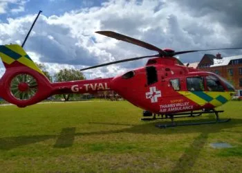 The air ambulance landed in the park this afternoon. Picture: Ian Hydon