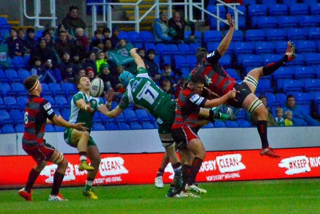 Exiles flanker Conor Gilsenan attempts to claim the high ball