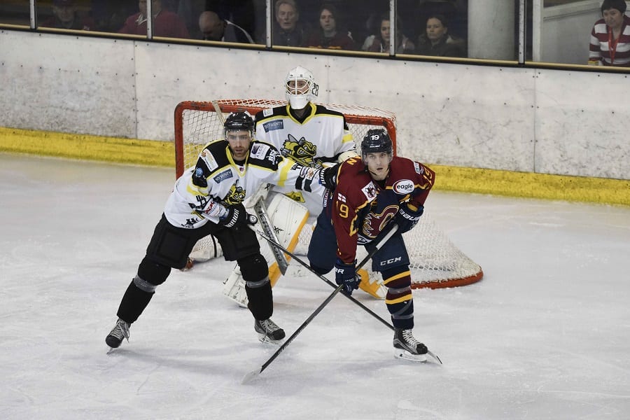 Scott Spearing (left) fired Bees into a 2-0 lead, but was ejected soon after (Picture: Bob Swann)