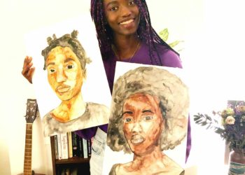 Khadija Niang with some of her portraits exploring Senegalese culture