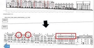 A diagram showing changes to the the height of houses from the original plans to the new. 