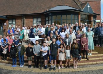 Dedication of Crowthorne Baptist Church's new buildings, part of the New Heart Project - th congregation assemble on the steps Picture: Phil Creighton