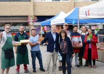 French market returns to Woodley Town Centre - stallholders with Woodley Town Centre manager Brian Fennelly Picture: Phil Creighton