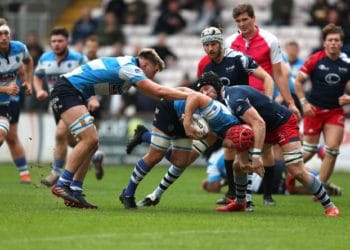 Will Jones of Darlington Mowden Park and Tom Vooght of Rams RFC during the National Division 1 match between Darlington Mowden Park and Rams RFC at the Northern Echo Arena, Darlington on Sunday 24th October 2021. (Credit: Chris Booth
