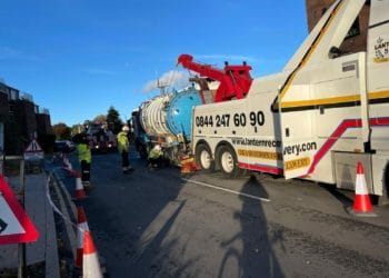 The tanker sits in the sunken road. Picture: Maria Gee