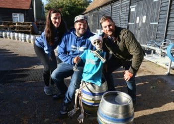 Loddon Brewery Halloween Family Day: From left; tapyard assistant manager Hannah Duncan, director Luke Hearn; tapyard manager Shane Willoughby and Norman the skeleton