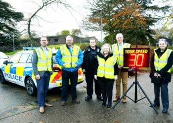 Thames Valley Police and Crime Commissioner Matthew Barber (far left) joined Bracknell MP James Sunderland (second from right), Bracknell Forest councillors and Thames Valley Police officers for the launch of a new Speedwatch initiative across the region Picture: Phil Creighton