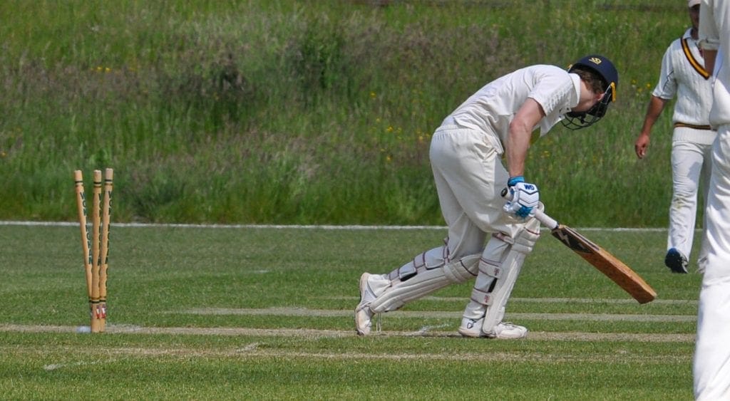 Wokingham 2s (batting) v Binfield. Craig Rintoul bowled out.