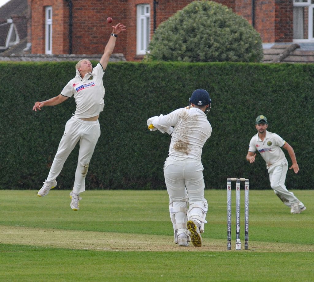 Wargrave (batting) v Wokingham Bowler Andy Rishton just misses catching Rhodri Lewis.