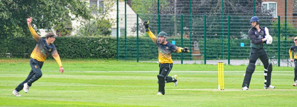 Finchampstead v Buckingham Town (batting). Finchampstead celebrate taking a wicket.