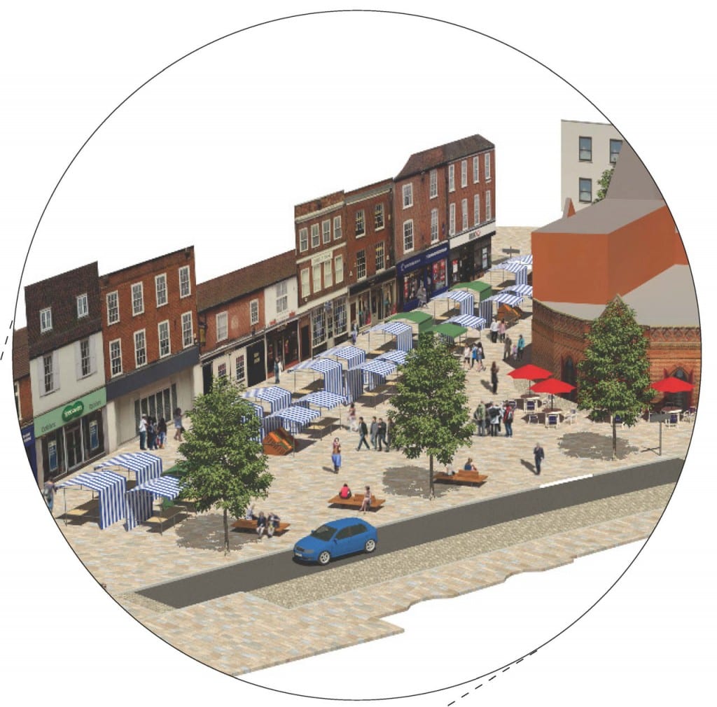 The close-up of Market Place on market day, with uniform stalls