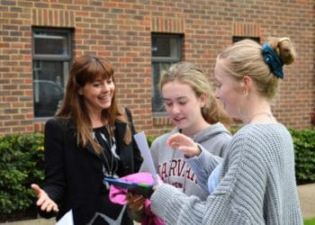 Head teacher Areti Bizior with some of the school's pupils