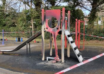 CHARRED: A slide melted under the blaze caused by vandals in the Latimer Road park. Picture: Peter Hornsby