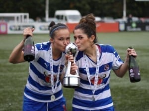 Lois Roche and Bianca Bragg celebrate winning FA WSL 2 - Pic by Nigel Hoyle/GoalShots