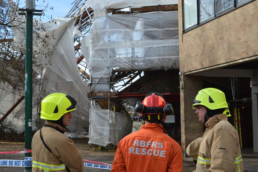 The challenge is to keep the area safe and dismantle the buckled scaffolding
