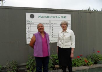 From left: Ronnie Ashley, Hurst Bowling Club Committee member and Theresa May.