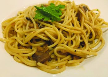 The vegan ‘Chicken’ & Mushroom Spaghetti. Picture: Jess Warren