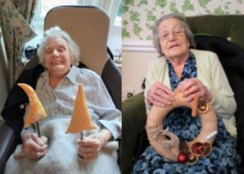 Woodbury House residents Dolores and Gwen with some of the decorations on sale to help the work of the Happy Hedgehog Rescue charity in Yateley.
