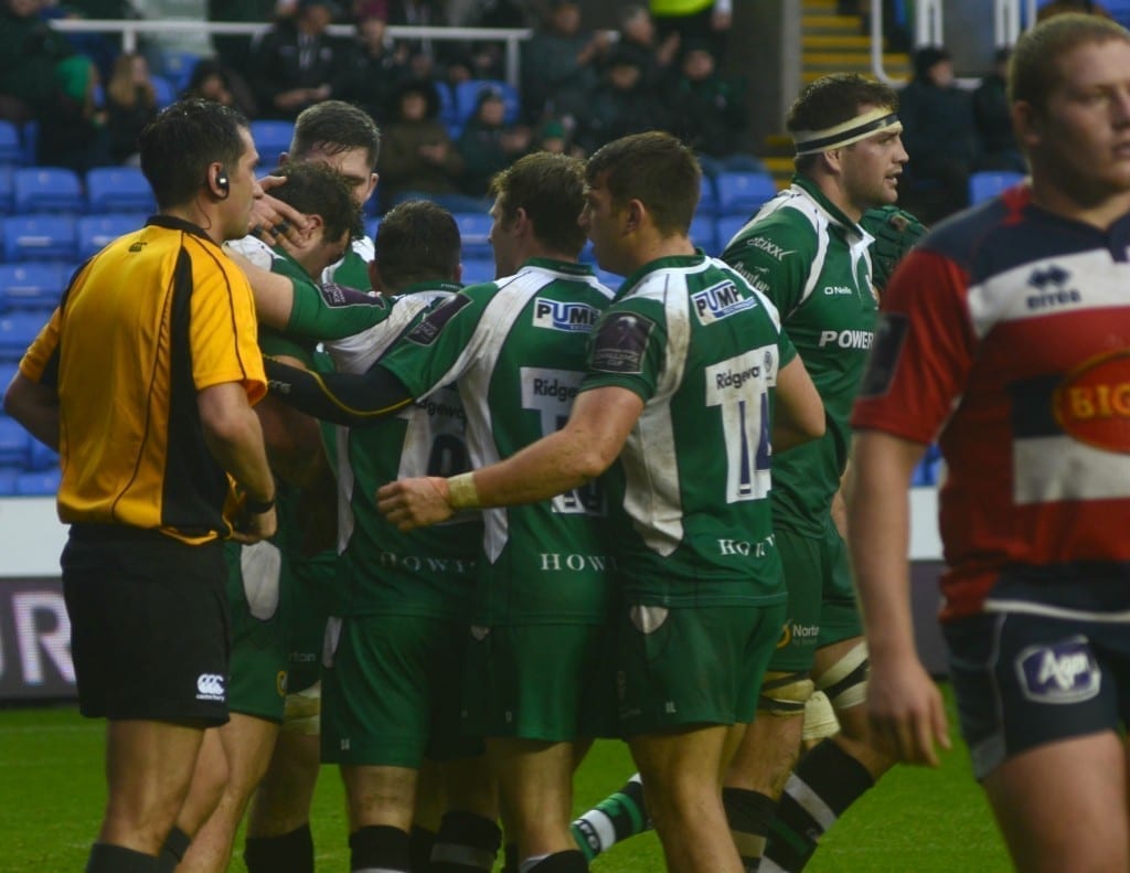 The Exiles celebrate one of the eight tries scored against Agen (Picture: Paul King)