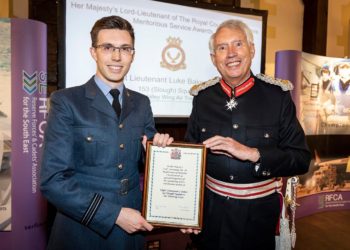 Flt Lt Luke Baker being presented with the  Lord Lieutenants Certificates of Meritorious Service. Picture: Luke Baker