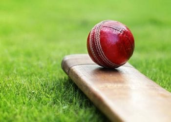 Cricket ball resting on a cricket bat on green grass of cricket pitch