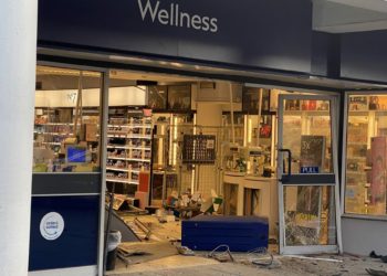 The front doors have been smashed open, with glass scattered on the floor. Picture: Phil Creighton