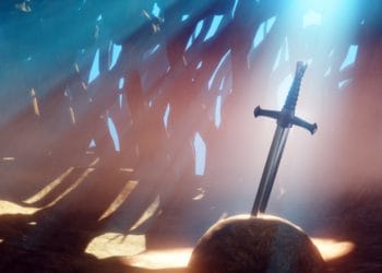 Legendary Excalibur sword in the rock.