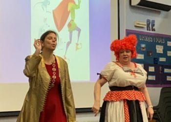 Cast members from The Pied Piper visit St Teresa's School in Wokingham