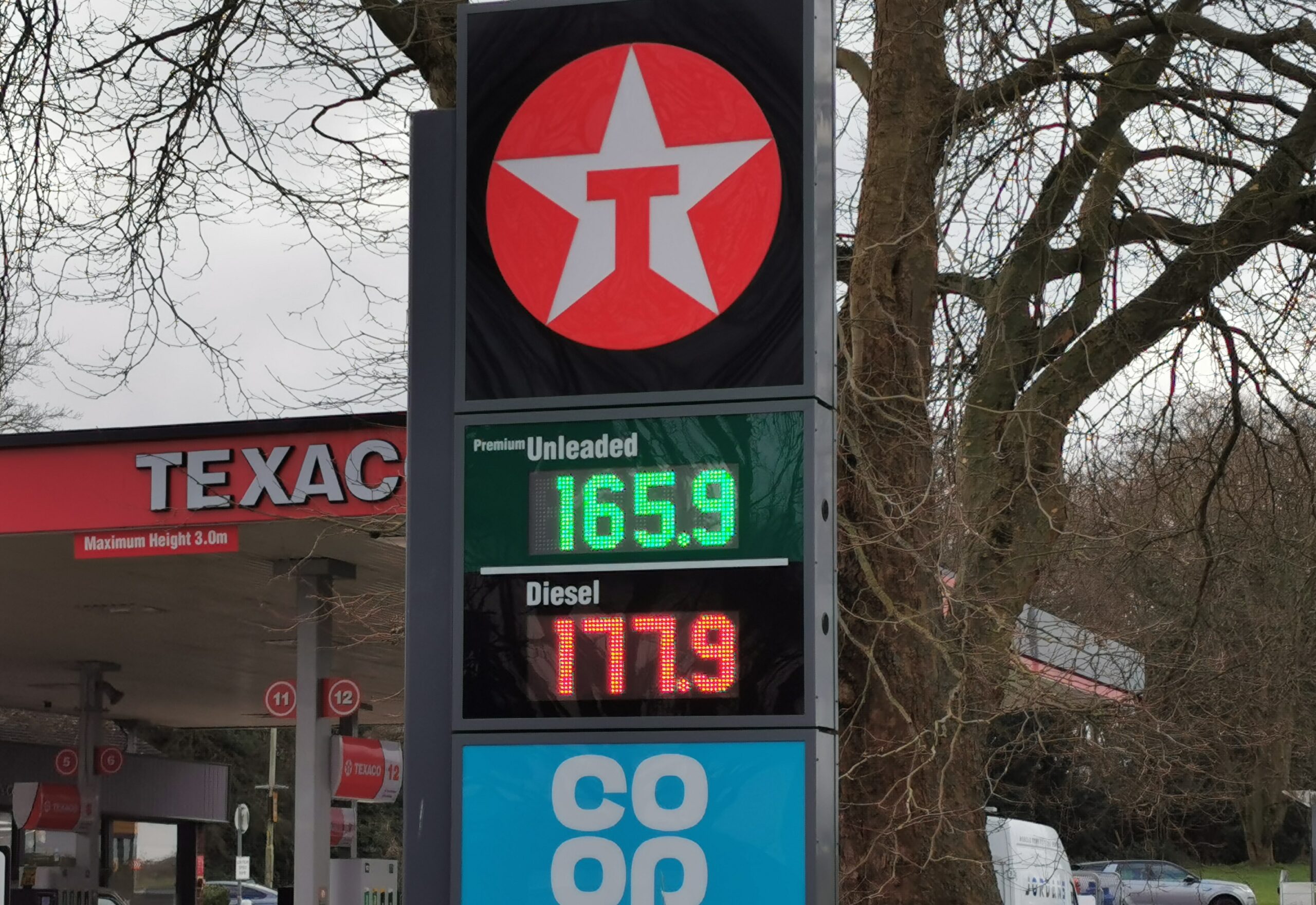 Fuel prices at Texaco Charvil, on the A4, on Wednesday, March 9