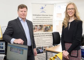 Nick Fellows from Wokingham Volunteer Centre with Kimberley Benson, sales and marketing director for David Wilson Southern Counties