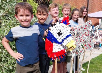 Children with hobby horses sent from Lancashire for the Guinness World Record attempt at Hurst Show & Country Fayre on Sunday (26th): Lucas Jaworski, William Randles, Jayden Lilford, Sean Lilford, , Sophie Randles, Charlotte Branson