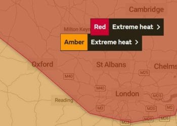 a Red Warning has been issued, with ares marked in red expected to exceed 35 degrees celsius. Picture: OpenMapTiles, courtesy of OpenStreetMap and the MET Office.