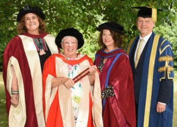 HONOURED: (From left) Prof Carol Fuller, Head of Institute of Education; Ms Trisha Bennett; Dr Sally Lloyd-Evans, Public engagement research fellow; Dr Robert Van de Noort, Vice-Chancellor were in attendance to see Ms Bennett receive her honorary degree. Picture courtesy of the University of Reading