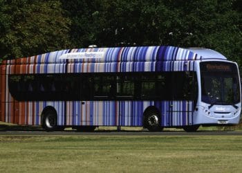 The Reading Buses climate stripes bus at the University of Reading
