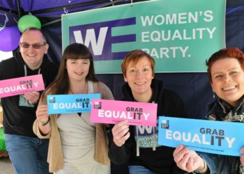 Jon Skeet, Olivia Hunter, Louise Tunlin and Charlotte Davis on the Womens Equality Party Stall on Wokingham Market on Saturday.