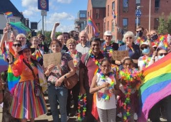 Counter-protestors came out in force to show solidarity with Aida H Dee, as she closes the final leg of her story time tour at Wokingham Library. Picture: Courtesy of Imogen Shepherd-DuBey