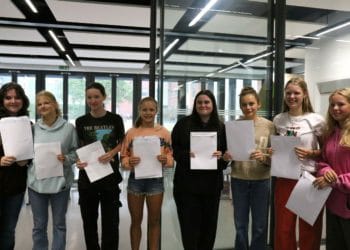 Poppy Parsons, Lara Lancaster, Katia Loggie, Alice Bruun, Bex Loader, Millie John, Amelia Wing, and Charlotte Bowler were among those collecting their results on Thursday, August 24. Picture: Courtesy of Queen Anne's School