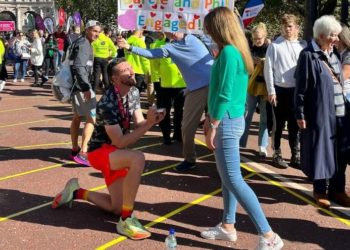 Phil West and Darcie Goulding met at Shinfield Running Club, with Phil proposing to Darcie moments after completing Sunday's London Marathon. Picture courtesy of James Suarez