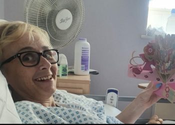 Nicola Mitchell on her birthday in July, when she came up with the idea to raise funds for a new mode of transport. This was the start of her 14-week-long stay in hosptial. Picture: Nicola Mitchell
