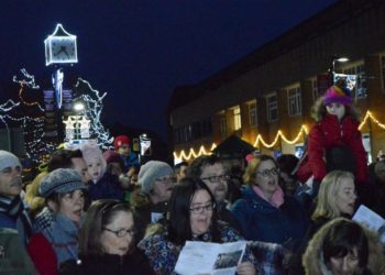 Carol singing at the Woodley Christmas light switch-on in 2018