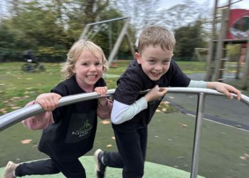 Everly and Grayson completed an epic playground dash in aid of First Days Children's Charity. Picture: Victoria Rolland