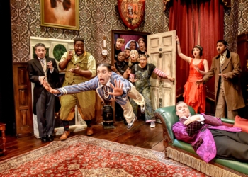 The Company of The Play That Goes Wrong at The Duchess Theatre. Picture: Robert Day