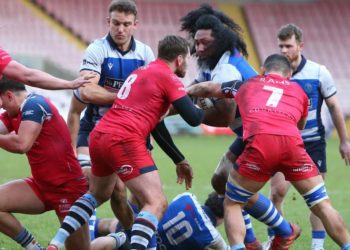 Darlington Mowden Park's Ali Ledingham attempts a kick through during the National Division 1 match between Darlington Mowden Park and Rams RFC at the Northern Echo Arena, Darlington on Saturday 4th February 2023. (Photo: Michael Driver | MI News)