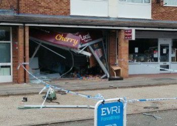 The shop front of Cherry Local which has been damaged by thieves ram raiding the front of the building