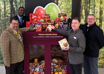 Bunny?s helpers: The Lexicon is holding a collection for Bracknell Foodbank. From left: Rufai Hydara, The Lexicon, Security Manager; Cllr Ankur Shiv Bhandari, Mayor of the Borough of Bracknell Forest; Ollie Toms, Marks & Spencer, Team Manager; Rob Morris, The Lexicon, General Manager