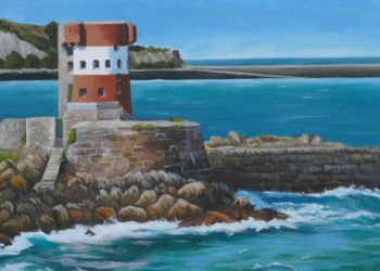 Kerry Webb with her oil painting Archirondel Tower, Jersey