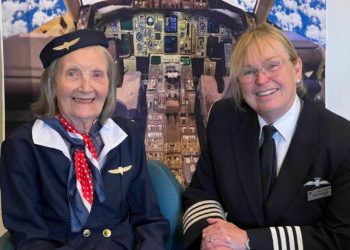 Jean Parsons (left) revisited her 30-year-long career as a flight attendant with British Airways pilot Kathy McDonald (right). Picture courtesy of Shinfield View