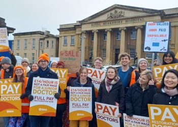 Junior doctors and supporters taking part in industrial action outside the Royal berkshire Hospital on Wednesday, March 15. Picture: Jake Clothier