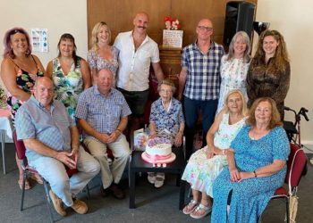 Megan Shaw (centre) celebrated her 100th birthday with her family in July 2021. Picture: Phil Creighton