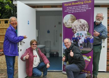 Hurst Bowling Club members, Ronnie Ashley, Linda Bowes, David Ashley and Eric Bowes, inviting you to "Take a Seat" in their new toilets at the Club Picture: Steve Smyth